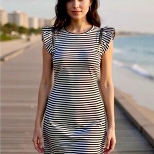 Michael Kors Green and White Striped Ruffle Sleeve Mini Dress